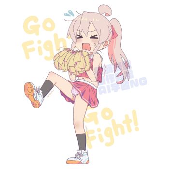 Rule 34 | > <, 1girl, ahoge, bare arms, bare legs, bare shoulders, black socks, cheerleader, commentary, english text, flying sweatdrops, frilled panties, frills, full body, highres, holding, holding pom poms, long hair, matado (almukha), midriff, navel, onii-chan wa oshimai!, open mouth, oyama mahiro, panties, pink hair, pink panties, pom pom (cheerleading), pom poms, ponytail, red shirt, red skirt, shirt, shoes, simple background, skirt, sleeveless, sleeveless shirt, sneakers, socks, solo, standing, standing on one leg, sweatdrop, trembling, underwear, watermark, wavy mouth, white background