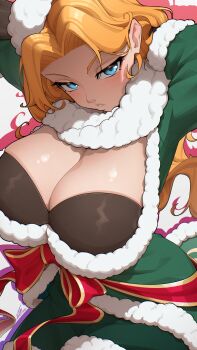 1girl arms_behind_head bleach bleach:_brave_souls blue_eyes breasts christmas female_focus fur_trim highres large_breasts light_blush lips long_hair matsumoto_rangiku official_alternate_costume orange_hair parted_lips shiny_skin simple_background solo solo_focus tettora white_background