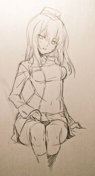 1girl arm_support breasts commentary_request cropped_legs garrison_cap girls_und_panzer hair_between_eyes hand_on_own_thigh hat head_tilt ikeda_sakura itsumi_erika jacket kneehighs kuromorimine_military_uniform large_breasts long_hair long_sleeves looking_at_viewer looking_to_the_side military military_uniform miniskirt monochrome pleated_skirt sidelocks sitting sketch skirt socks solo thighs translation_request white_background