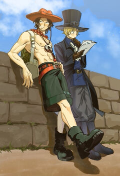 Rule 34 | 2boys, abs, ascot, bead necklace, beads, belt, belt buckle, black boots, black coat, black hair, black hat, black shorts, blonde hair, blue sky, blush, boots, brown gloves, buckle, cheouldu, closed mouth, cloud, cloudy sky, coat, commentary request, food, food on face, freckles, full body, gloves, grey pants, hand on own hip, hat, highres, holding, jewelry, korean commentary, male focus, multiple boys, necklace, one piece, orange hat, outdoors, pants, portgas d. ace, sabo (one piece), short hair, shorts, sky, topless male, white ascot