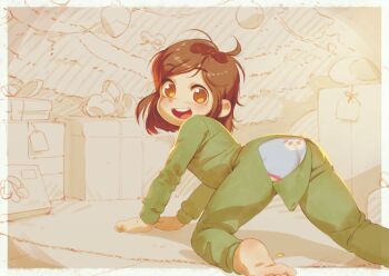 1girl alkemanubis all_fours animal_print ass barefoot bear_panties bear_print blue_panties blush brown_eyes brown_hair butt_flap christmas christmas_ornaments christmas_present christmas_tree feet female_focus freckles gift green_pajamas happy highres loli looking_at_viewer looking_back open_mouth open_pajamas original pajamas panda_panties panda_print panties print_panties smile solo teeth unbuttoned unbuttoned_pants underwear wardrobe_malfunction