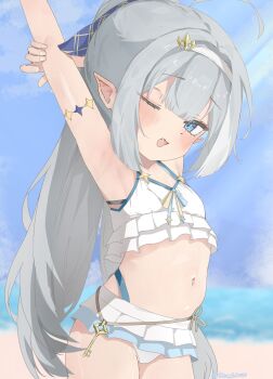1girl absurdres bikini blue_eyes breasts female_tyrant_(stella_sora) grey_hair highres kocchi_(aether_yors) long_hair navel one_eye_closed pointy_ears small_breasts solo stella_sora swimsuit tyrant_(stella_sora)