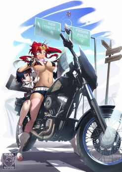 2girls bad_id bad_pixiv_id belt bikini bikini_top_only black_gloves black_hair blue_sky blush breast_hold breasts cloud commentary creator_connection crossover english_commentary eyewear_on_head fingerless_gloves flame_print gainoob gloves hair_ornament holding holding_map kill_la_kill large_breasts map matoi_ryuuko motor_vehicle motorcycle multicolored_hair multiple_girls navel neon_genesis_evangelion open_mouth outdoors pink_legwear red_hair road road_sign short_hair short_shorts shorts sign skull_hair_ornament sky stomach streaked_hair studded_belt swimsuit tengen_toppa_gurren_lagann thighhighs two-tone_hair underboob white_footwear yoko_littner