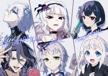 1boy 5girls anastasia_(fate) anniversary asselin_bb_ii blue_eyes card doll eyelashes green_eyes hat heterochromia highres idolmaster katsuragi_lilja makabe_mizuki morino_rinze multiple_girls red_eyes san_mon_michael satan_(idolmaster) shijou_takane short_hair_with_long_locks smile spider_web_print upper_body wavy_hair white_hair yellow_eyes