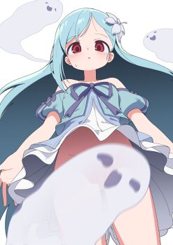 1girl absurdres bare_shoulders benya_(tales_weaver) blue_hair blush convenient_censoring dress flower ghost hair_flower hair_ornament highres long_hair looking_at_viewer luke_(dydansgur) motion_blur no_panties paid_reward_available parted_lips photobomb red_eyes simple_background solo sweatdrop tales_weaver tareme upskirt white_background white_flower