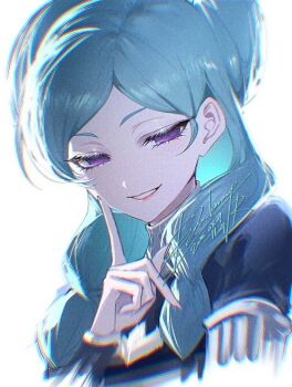 1girl aqua_hair beta_(inazuma_eleven) hair_bun inazuma_eleven_(series) inazuma_eleven_go inazuma_eleven_go_chrono_stone looking_at_viewer lu_lamup purple_eyes short_hair smile solo