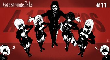 Rule 34 | 2b (nier:automata), 2girls, 5girls, 9s (nier:automata), absurdres, blindfold, commentary request, cross, cross necklace, crossover, episode number, eyepatch, fate/strange fake, fate (series), gloves, greyscale, hairband, hansa cervantes, highres, jacket, jewelry, katya kambanellis, latin cross, leotard, long sleeves, masuyama ryouji, maysia kwo, medium hair, monochrome, multiple girls, necklace, nier:automata, nier (series), pants, parody, priest, red background, shanti mukherjee, short hair, twintails, viola wahlstrom