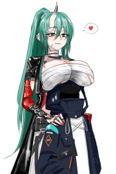 1girl 1other :q absurdres arknights black_jacket breast_rest breasts breasts_on_head chest_sarashi closed_mouth commentary doctor_(arknights) ear_piercing english_commentary facial_scar fingernails green_hair hair_between_eyes hand_on_another's_shoulder heart highres hood hood_up hooded_jacket horns hoshiguma_(arknights) hoshiguma_the_breacher_(arknights) jacket jewelry large_breasts long_hair millsol mixed-language_commentary multiple_rings nail_polish orange_nails piercing ring sarashi scar scar_on_cheek scar_on_face simple_background single_horn skin-covered_horns spoken_heart sweatdrop tongue tongue_out white_background yellow_eyes