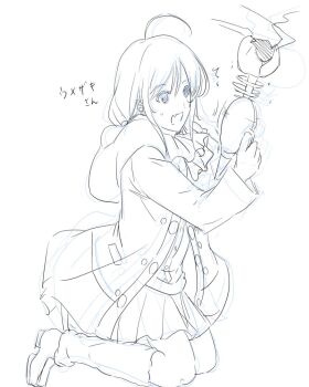 1girl ahoge aikawa_miyuu bibi_(coffe) fang holding_ray_gun long_hair miniskirt monochrome nervous nervous_sweating occultic;nine open_mouth pleated_skirt science_adventure skin_fang skirt solo sweat