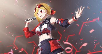 1girl absurdres ags_artz arm_strap armpits asymmetrical_clothes asymmetrical_sleeves bandana belt belt_buckle black_pants black_shirt blonde_hair braid breasts buckle center_frills chest_harness collared_shirt commentary concert crop_top cropped_shirt detached_sleeves dress_shirt earrings eyewear_on_head framed_breasts frills harness highres holding holding_microphone hololive hololive_idol_uniform_(color_rise) hololive_indonesia idol_clothes jewelry kaela_kovalskia looking_at_viewer microphone midriff mismatched_sleeves music navel official_alternate_costume pants quilted_clothes red-tinted_eyewear red_bandana red_eyes red_shirt shirt short_hair side_braid singing single_detached_sleeve single_off_shoulder smile solo stage three-quarter_sleeves tinted_eyewear virtual_youtuber white_shirt wing_collar wristband