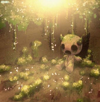 against_wall apollyon_(the_binding_of_isaac) black_horns colored_skin commentary concrete english_commentary eyvalyn grey_skin highres hollow_eyes horns moss open_mouth plant sitting the_binding_of_isaac twitter_username wings