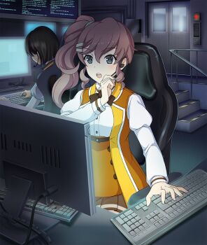 2girls :o blue_eyes brown_hair brown_skirt brown_vest buttons chair computer computer_keyboard door dot_nose game_cg hair_ornament hairclip headset high_side_ponytail long_sleeves medium_hair monitor multiple_girls nishi_kozue office_chair official_art open_mouth osafune_girls_academy_school_uniform railing school_uniform shirt short_hair sidelocks skirt stairs swivel_chair talking teeth third-party_source toji_no_miko toji_no_miko:_kizamishi_issen_no_tomoshibi typing underbust upper_teeth_only vest white_shirt