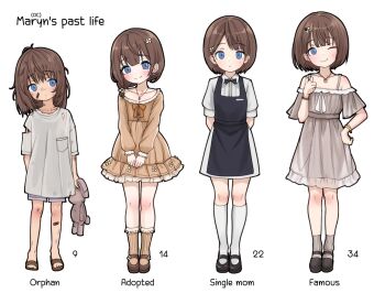 1girl age_progression apron bandaid bandaid_on_cheek bandaid_on_face bandaid_on_knee bandaid_on_leg black_apron black_shoes blue_eyes bobby_socks brown_dress brown_hair brown_shoes brown_socks character_age character_name closed_mouth commentary comodox dress english_commentary grey_dress hair_ornament holding holding_stuffed_toy jewelry kneehighs long_hair mary_janes maryn_(comodox) medium_hair multiple_views necklace original sandals shirt shoes short_hair short_sleeves smile socks standing stuffed_animal stuffed_toy toes white_shirt white_socks