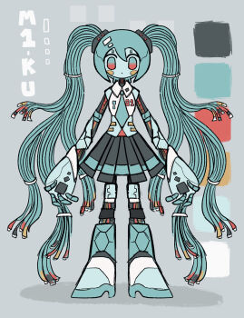 1girl absurdres alleesaur android aqua_eyes aqua_necktie black_skirt cable_hair expressionless flat_color hatsune_miku highres limited_palette long_hair looking_at_viewer mechanization necktie no_nose pleated_skirt red_eyes skirt solo twintails very_long_hair vocaloid wire