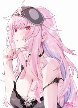 1girl absurdres babydoll bare_shoulders black_babydoll black_choker black_mask blush breasts choker cleavage collarbone earrings hand_on_own_chin highres hololive hololive_english jewelry kamiya_maneki large_breasts long_hair mask mask_on_head messy_hair mori_calliope mori_calliope_(sleepwear) nose parted_lips pink_eyes pink_hair signature simple_background skull_earrings sleep_mask solo twitter_username virtual_youtuber white_background