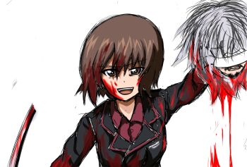 Rule 34 | 1boy, 1girl, beard, blood, blood on arm, blood on clothes, blood on face, bloody weapon, breasts, brown eyes, brown hair, covered eyes, decapitation, eyes visible through hair, facial hair, girls und panzer, grey hair, hair between eyes, holding, holding sword, holding weapon, jacket, katana, key (gaigaigai123), kuromorimine military uniform, large breasts, long hair, looking at viewer, military, military jacket, military uniform, nishizumi maho, open mouth, red shirt, sadism, shirt, short hair, sword, teeth, upper teeth only, weapon