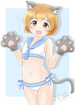 1girl :d animal_ears animal_hands artist_name bare_shoulders bikini blue_background breasts brown_eyes brown_hair cat_ears cat_paws cat_tail cowboy_shot dated dot_nose fake_tail gloves highres idolmaster idolmaster_cinderella_girls koga_koharu loli looking_at_viewer navel open_mouth paw_gloves plain199 sailor_swimsuit_(idolmaster) short_hair simple_background small_breasts smile solo stomach swimsuit tail two-tone_background white_bikini