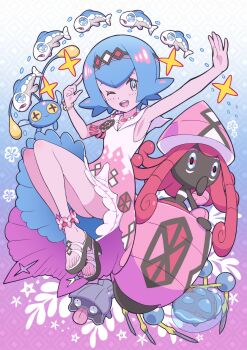 1girl ;d absurdres anklet araquanid armpits bare_legs blue_hair bright_pupils chinchou commentary_request dress gen_1_pokemon gen_2_pokemon gen_7_pokemon gradient_background hairband highres index_finger_raised jewelry lana_(pokemon) lana_(sygna_suit)_(pokemon) legendary_pokemon looking_at_viewer necklace nintendo official_alternate_costume one_eye_closed open_mouth outstretched_arm pokemoa pokemon pokemon_(creature) pokemon_masters_ex sandals shellder short_hair sleeveless sleeveless_dress smile tapu_lele teeth toes tongue upper_teeth_only white_dress white_pupils wishiwashi wishiwashi_(solo)