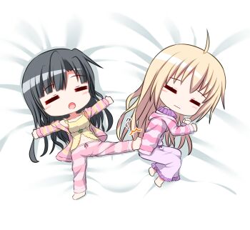 2girls =_= ahoge alternate_hairstyle aunt_and_niece barefoot black_hair blonde_hair blush breasts camisole closed_eyes commentary deformed from_above getsuyoshi hair_down highres itsumura_haruka itsumura_yukari kicking long_hair lying midriff multiple_girls navel on_back on_side open_mouth outstretched_arms pajamas pants pink_pants pink_shirt purple_skirt re:stage! shirt skirt sleeping small_breasts spread_arms spread_eagle_position striped_clothes striped_pants striped_shirt translated yellow_camisole