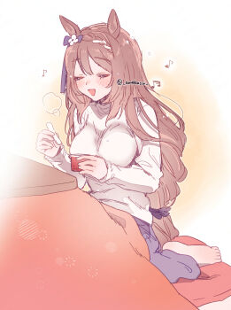 1girl alternate_costume amakazu_33 animal_ears blush braid braided_bangs breasts brown_hair commentary_request highres horse_ears horse_girl horse_tail kotatsu large_breasts long_hair multicolored_hair open_mouth shirt smile solo streaked_hair super_creek_(umamusume) table tail umamusume white_hair white_shirt