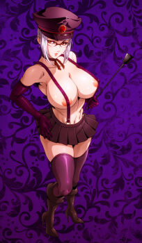 1girl areola_slip black_boots black_choker black_gloves black_hat black_skirt black_thighhighs boots breasts choker commentary_request elbow_gloves from_above full_body glasses gloves hand_on_own_hip hat high_heel_boots high_heels highres holding holding_riding_crop large_breasts lips navel over-rim_eyewear peaked_cap pleated_skirt prison_school purple_background red_eyes riding_crop semi-rimless_eyewear shiraki_meiko skirt solo standing suspender_skirt suspenders thighhighs topless_female white_hair yoshinaga_yuki