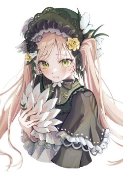 0_tsunamayo_0 1girl black_flower black_rose blonde_hair blue_flower blue_rose bonnet dress flower frilled_dress frills green_bonnet green_dress green_eyes hand_fan holding holding_fan long_hair looking_at_viewer mahou_shoujo_no_majo_saiban parted_lips rose simple_background solo tono_hanna twintails very_long_hair white_background white_flower white_rose yellow_flower yellow_rose