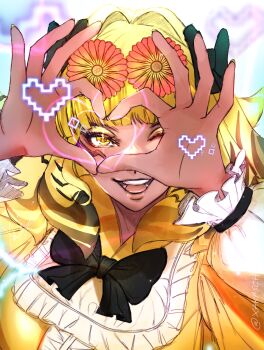 1girl absurdres arthropod_girl bee_girl black_bow black_bowtie blonde_hair bow bowtie commentary dark-skinned_female dark_skin dress final_fantasy final_fantasy_xiv flower_wreath heart heart_hands highres honey_b._lovely insect_girl multicolored_hair one_eye_closed open_mouth puffy_sleeves smile solo square tongue two-tone_hair xakasch yellow_dress yellow_eyes