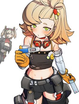2girls absurdres blonde_hair breasts burnice_white covid-19_test dorahdew eyewear_on_head gloves green_eyes highres jacket large_breasts looking_at_viewer multiple_girls navel piper_wheel red_eyes short_hair skirt small_breasts sunglasses torn_clothes twintails yellow_gloves zenless_zone_zero