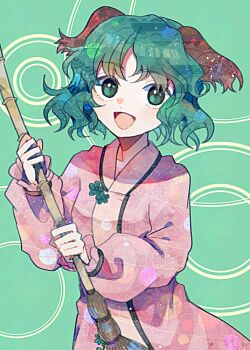 1girl :d animal_ears bamboo_broom broom cowboy_shot dog_ears dress green_background green_hair holding holding_broom itomugi-kun kasodani_kyouko long_sleeves looking_at_viewer open_mouth pink_dress short_hair smile solo touhou