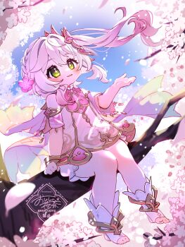 Rule 34 | 1girl, absurdres, alternate hair color, bare shoulders, bush, cherry blossoms, commentary request, day, detached sleeves, dress, floating hair, flower, full body, genshin impact, gold trim, gradient hair, green eyes, hair between eyes, hair flower, hair ornament, hand up, highres, long hair, multicolored hair, nahida (genshin impact), oishii sasa, outdoors, parted lips, pink flower, pink hair, pink sleeves, side ponytail, sitting, sitting on branch, sleeveless, sleeveless dress, solo, star-shaped pupils, star (symbol), stirrup legwear, symbol-shaped pupils, toeless legwear, toes, white dress, white hair