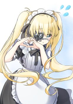 1girl :3 absurdres alternate_costume apron black_bow black_bowtie black_dress blonde_hair blue_eyes blush bow bow_eyepatch bowtie closed_mouth commentary cowboy_shot dress enmaided eyepatch eyes_visible_through_hair floating_hair flying_sweatdrops frilled_apron frills furrowed_brow hair_between_eyes hands_up heart heart_hands highres long_hair looking_at_viewer maid maid_apron maid_headdress miraikanai nakatsu_shizuru one_eye_covered puffy_short_sleeves puffy_sleeves rewrite short_sleeves shy simple_background smile solo twintails very_long_hair white_apron white_background white_bow