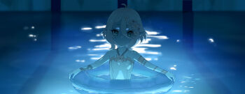 1girl armlet bare_shoulders bilingual_commentary chainsaw_man chinese_commentary commentary english_commentary flower hair_between_eyes hair_flower hair_ornament highres i'll_teach_you_everything_(chainsaw_man) innertube jewelry kokkoro_(princess_connect!) kokkoro_(summer)_(princess_connect!) looking_at_viewer mixed-language_commentary movie_reference partially_submerged pointy_ears pool princess_connect! scene_reference short_hair shoujo_donburi solo swim_ring swimsuit