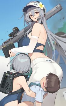 1boy 2girls absurdres ass bilibili_xiaolu blood blue_leotard blue_sports_bra breasts commentary_request elbow_gloves fingerless_gloves gloves grey_hair headset highres holding holding_rocket_launcher holding_weapon large_breasts leotard long_hair medium_hair multiple_girls nosebleed original pants red_eyes rocket_launcher sports_bra standing very_long_hair visor_cap weapon white_pants