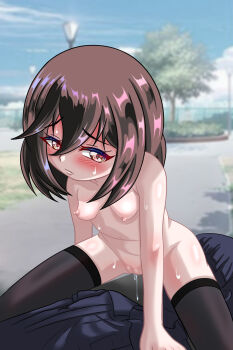 1boy 1girl arm_support black_thighhighs blush breast_pocket breasts brown_eyes brown_hair chain-link_fence chapio cloud collarbone embarrassed exhibitionism fence grass hetero lamppost loli looking_at_viewer lying navel nipples nude original parking_lot pocket public_indecency puffy_sleeves pussy pussy_juice rui_(chapio) shirt short_hair short_sleeves shota sitting sitting_on_person sky small_breasts suspenders sweat thighhighs tree