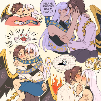 2girls asymmetrical_wings bare_shoulders black_dress black_skirt black_wings blue_dress blue_ribbon blush brown_hair closed_eyes closed_mouth commentary dress english_commentary english_text fiery_wings gradient_clothes gradient_dress hand_on_another&#039;s_cheek hand_on_another&#039;s_chin hand_on_another&#039;s_face heart highres hug hug_carry ii_fuufu_no_hi iwanaga_ariya kiss leg_lock long_bangs long_hair long_sleeves mismatched_wings mole mole_under_eye multiple_girls multiple_views nekolina red_eyes ribbon shirt short_hair skirt sleeping sleeveless sleeveless_dress snake standing_leg_lock torn_clothes torn_dress touhou very_long_hair white_hair white_shirt wings yuiman_asama yuri