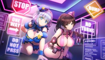 2girls arm_behind_back ass ass_focus baton_(weapon) bikini black_gloves blue_bikini blue_hair breasts brown_eyes brown_hair cleavage closed_mouth dolphin_wave fishnet_thighhighs fishnets game_cg gloves hat high_heels highres holding holding_walkie-talkie indoors interrogation kukuri_tomo large_breasts leaning_on_object leg_up long_hair looking_at_viewer low-tied_long_hair mole mole_on_breast mole_under_mouth multiple_girls navel necktie non-web_source official_art ootomo_takuji open_mouth pink_hair pink_necktie pink_streaks police police_hat police_uniform policewoman ponytail salute sitting sitting_on_table smile swimsuit thighhighs transparent_background walkie-talkie weapon white_gloves yamaba_yume