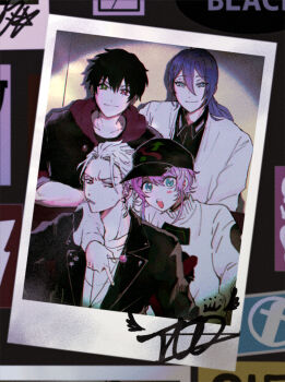 Rule 34 | 4boys, :/, :o, amemura ramuda, amemura ramuda (tdd era), aohitsugi samatoki, aohitsugi samatoki (tdd era), arm around neck, baseball cap, black choker, black hair, black hat, black jacket, black shirt, blue eyes, blush stickers, candy, choker, choppy bangs, cigarette, collarbone, collared shirt, commentary request, dot nose, film grain, food, furrowed brow, gakuran, green eyes, group name, group picture, hair between eyes, hair slicked back, hat, heterochromia, highres, holding, holding candy, holding food, holding lollipop, hood, hoodie, hypnosis mic, jacket, jacket over hoodie, jinguji jakurai, jinguji jakurai (tdd era), leather, leather jacket, light smile, lollipop, long hair, looking ahead, looking at another, looking at viewer, loose hair strand, low ponytail, male focus, mole, mole under eye, mouth hold, multiple boys, open clothes, open jacket, p4cnoo, pale skin, parted bangs, photo (object), pink hair, polaroid photo, ponytail, print hat, print sweater, purple hair, raised eyebrows, red eyes, red hoodie, school uniform, shadow, shirt, short hair, short hair with long locks, sidelocks, sideways glance, single blush sticker, sleeves rolled up, small sweatdrop, smile, smoking, spotlight, sweater, the dirty dawg, upper body, very short hair, white hair, white jacket, white shirt, white sweater, wide-eyed, yamada ichiro, yamada ichiro (tdd era)