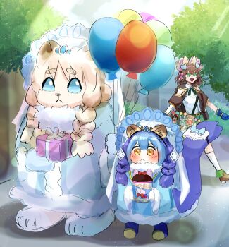 3girls alternate_costume animal_ears balloon blue_hair blush bow chronicler_of_fairy_tail_tales dress duel_monster fairy_tail_rochka gift hatano_kiyoshi highres laundry_dragonmaid multiple_girls short_twintails tagme tail twintails walking yu-gi-oh!