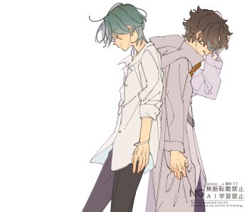 2boys aoi_tete back black_pants cloak closed_eyes crying earrings facing_back facing_down gradient_hair green_hair hair_over_eyes hibiki_kaito highres hood hooded_cloak hoop_earrings jewelry jogi_(precure) kazuma_(precure) kimi_to_idol_precure long_shirt looking_down mature_male multicolored_hair multiple_boys pants parted_bangs precure profile shirt short_hair sideways twitter_username watermark white_shirt