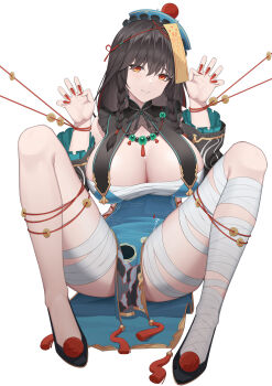 1girl absurdres aether_gazer babing2023 bandaged_leg bandages black_footwear black_hair breast_curtain breasts chest_sarashi cleavage coin coin_on_string detached_sleeves dress hat highres jewelry jiangshi_costume large_breasts lingguang_(aether_gazer) looking_at_viewer nail_polish ofuda ofuda_on_head orange_eyes pelvic_curtain sarashi smile solo spread_legs tassel