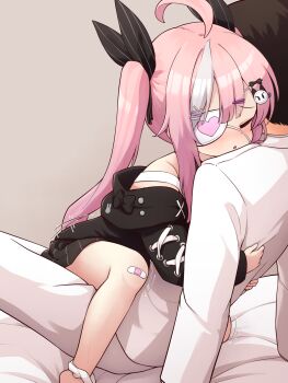 1boy 1girl absurdres ahoge azur_lane bandaid bandaid_on_knee bandaid_on_leg black_jacket black_ribbon bow cat_hair_ornament clothed_sex commentary_request cross-laced_clothes cross-laced_sleeves eyepatch girl_on_top hair_bow hair_ornament hair_ribbon hairclip highres hood hooded_jacket hug humping implied_sex jacket loli long_hair long_sleeves motion_lines multicolored_hair one_eye_closed one_eye_covered open_mouth panties panties_around_leg pink_hair ribbon sex shoboimu sidelocks streaked_hair twintails two-tone_hair underwear variant_set white_hair white_panties x_hair_ornament z47_(azur_lane)