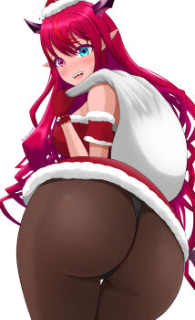 1girl absurdres ass ass_focus bare_shoulders black_panties blue_eyes blush breasts carrying_over_shoulder commentary_request cross-shaped_pupils dress from_behind fur-trimmed_dress fur-trimmed_headwear fur_trim gloves hair_between_eyes halo hat heterochromia highleg highleg_panties highres holding holding_sack hololive hololive_english horns irys_(hololive) large_breasts long_hair looking_at_viewer looking_back open_mouth panties pantyhose pointy_ears purple_eyes red_dress red_gloves red_hair red_hat sack sack_behind_back santa_costume santa_dress santa_hat simple_background solo star_halo sweatdrop symbol-shaped_pupils tamagotozi3420 thigh_gap thighs underwear very_long_hair virtual_youtuber wedgie white_background