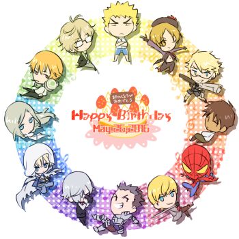 Rule 34 | 6+boys, aoharu x kikanjuu, armor, asahina natsume, black hair, blonde hair, blue eyes, brothers conflict, brown hair, cake, camus (uta no prince-sama), chibi, cloak, closed mouth, coffee mug, crossed arms, cup, death parade, decim (death parade), doujou atsushi, fingerless gloves, food, fruit, fukutomi juichi, glasses, gloves, green necktie, grey hair, grin, grrgbrr, hair over one eye, happy birthday, hat, hayami hiro, holding, holding sword, holding weapon, hood, hooded cloak, light brown hair, log horizon, maeno tomoaki, marvel, matsuoka masamune, mug, multiple boys, musical note, naotsugu (log horizon), navel, necktie, one eye closed, purple eyes, safety glasses, smile, spider-man, spider-man (series), strawberry, sword, toshokan sensou, touken ranbu, treble clef, tsukino talent production, tsukiuta, uta no prince-sama, weapon, yamanbagiri kunihiro, yayoi haru, yellow eyes, yowamushi pedal