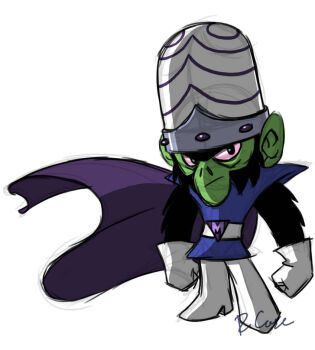 Rule 34 | 1boy, black eyes, black fur, blue tunic, boots, cape, capsule helmet, chimpanzee, clenched hands, colored pencil (medium), colored sclera, colored skin, gloves, green skin, helmet, looking at viewer, male focus, mojo jojo, pants, powerpuff girls, purple cape, red sclera, robert j case, signature, sleeveless, standing, traditional media, tunic, white background, white boots, white gloves, white pants, wind