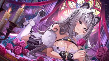 1girl :3 absurdres animal_ears animal_feet artist_request blunt_bangs blush braid breasts candle candlestand cleavage closed_mouth commentary dress english_commentary fang fang_out flower full_body grey_eyes grey_hair hand_on_own_chest head_rest highres holding holding_flower indie_virtual_youtuber large_breasts leg_up long_hair looking_at_viewer lying momochan_(vtuber) on_stomach purple_dress purple_thighhighs red_flower red_rose rose second-party_source smile solo the_pose thighhighs virtual_youtuber