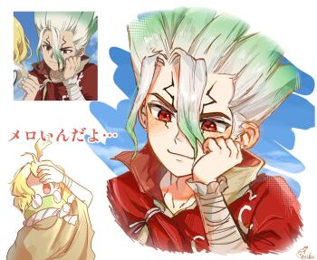 1boy 1girl ahoge bandaged_arm bandages blonde_hair cloak dr._stone eerika1114 gradient_hair green_hair hair_between_eyes hand_on_own_face highres ishigami_senkuu male_focus multicolored_hair multiple_boys red_eyes smile spiked_hair suika_(dr.stone) two-tone_hair white_hair