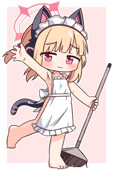 1girl :3 absurdres animal_ear_headphones animal_ears apron arm_up armpits barefoot blonde_hair blue_archive blush border broom cat_ear_headphones cat_ears closed_mouth collarbone commentary_request fake_animal_ears frilled_apron frills full_body halo hana_kazari headphones highres holding holding_broom looking_at_viewer maid_headdress mechanical_tail momoi_(blue_archive) momoi_(maid)_(blue_archive) naked_apron outline outside_border outstretched_arm pink_background pink_halo red_eyes short_hair simple_background smile solo standing standing_on_one_leg tail white_apron white_border white_outline