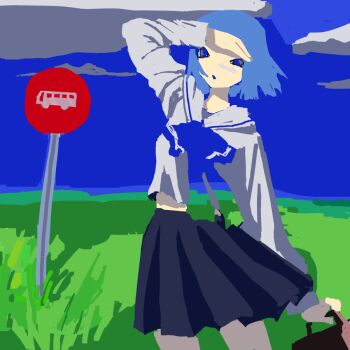 1girl arm_at_side arm_up bag black_skirt blue_blush blue_eyes blue_hair blue_sky blue_tongue blush bus_stop_sign cloud colored_tongue cowboy_shot day double_exposure field holding holding_bag jelly_(sferics32) long_sleeves neck_ribbon open_mouth original outdoors pleated_skirt ribbon sailor_collar school_bag school_uniform serafuku shading_eyes shirt short_hair skirt sky solo standing white_sailor_collar white_shirt