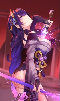1girl arm_up artist_name ass ass_focus back_tattoo black_panties blunt_bangs blurry blurry_background braid breasts bridal_gauntlets clothing_cutout commentary electric_guitar electro_symbol_(genshin_impact) english_commentary engulfing_lightning_(genshin_impact) fan_hair_ornament flower flower_ornament from_side genshin_impact glowing glowing_eyes glowing_hair glowing_sword glowing_weapon gluteal_fold gradient_hair guitar hair_ribbon head_tilt highres holding holding_polearm holding_sword holding_weapon huge_ass huge_breasts instrument japanese_clothes kimono long_braid long_hair long_sleeves looking_to_the_side looking_up mitsudomoe_(shape) mole mole_under_mouth multicolored_hair musou_isshin_(genshin_impact) neck_ribbon off_shoulder panties parted_lips polearm powering_up purple_eyes purple_flower purple_kimono purple_ribbon raiden_shogun red_lips red_ribbon red_sash red_sky ribbon sash shade shoulder_cutout single_braid sky solo standing streaked_hair suprhiro sword tattoo thick_thighs thighs tomoe_(symbol) underwear upper_body watermark weapon wide_sleeves