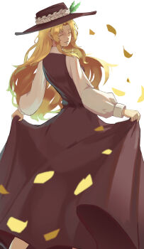 absurdres affogato_(pixiv_98217350) blonde_hair brown_hat brown_skirt brown_vest closed_eyes closed_mouth collared_shirt dolls_in_pseudo_paradise facing_viewer frilled_hat frills hat hat_feather highres jacket_girl_(dipp) long_hair long_sleeves shirt simple_background skirt smile touhou very_long_hair vest white_background white_shirt